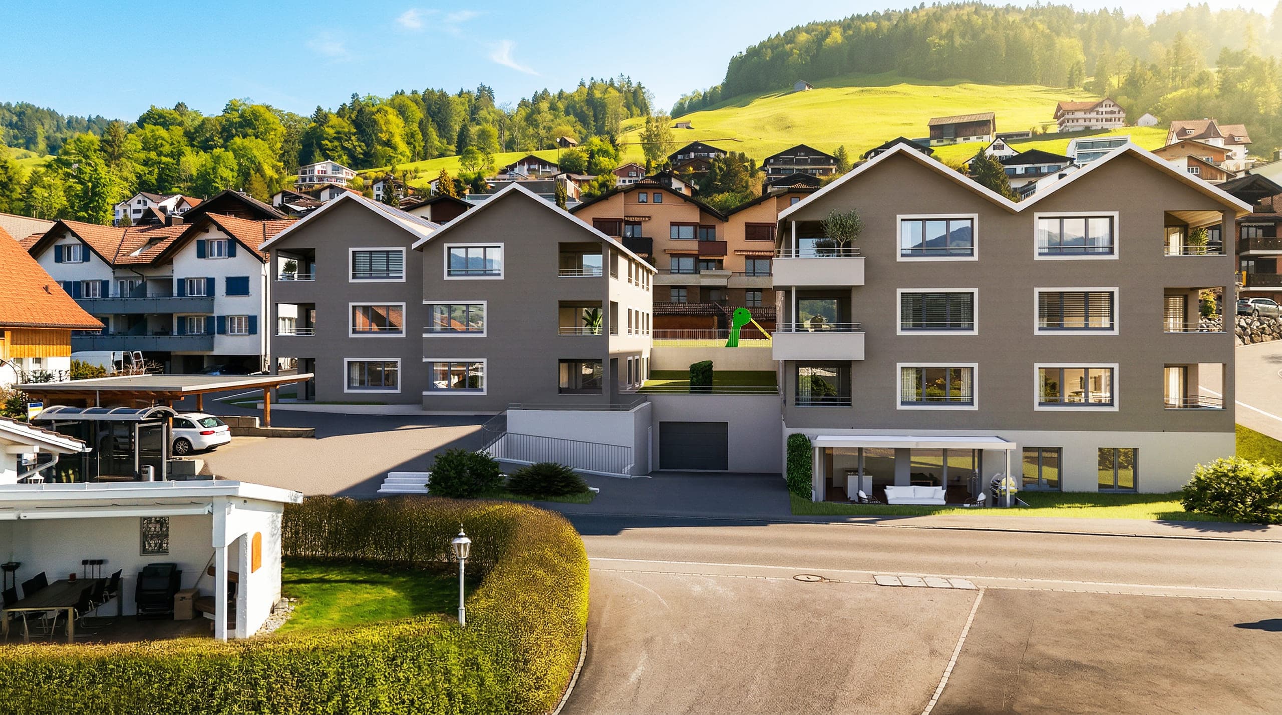 Architektur-Visualisierung Mirabell, Strassenansicht von Haus A und Haus B