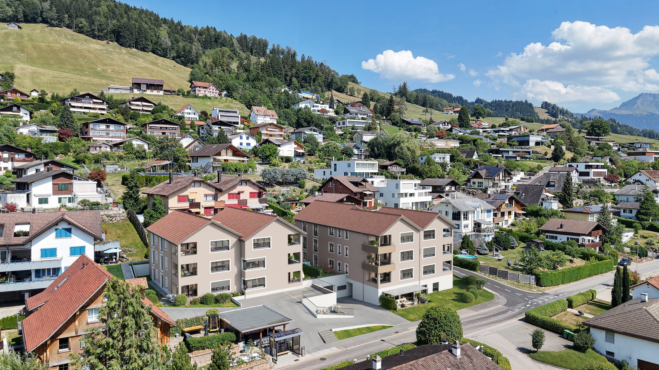 Architektur-Visualisierung Mirabell, Luftaufnahme von Haus A und Haus B im Dorfkern von Uetliburg