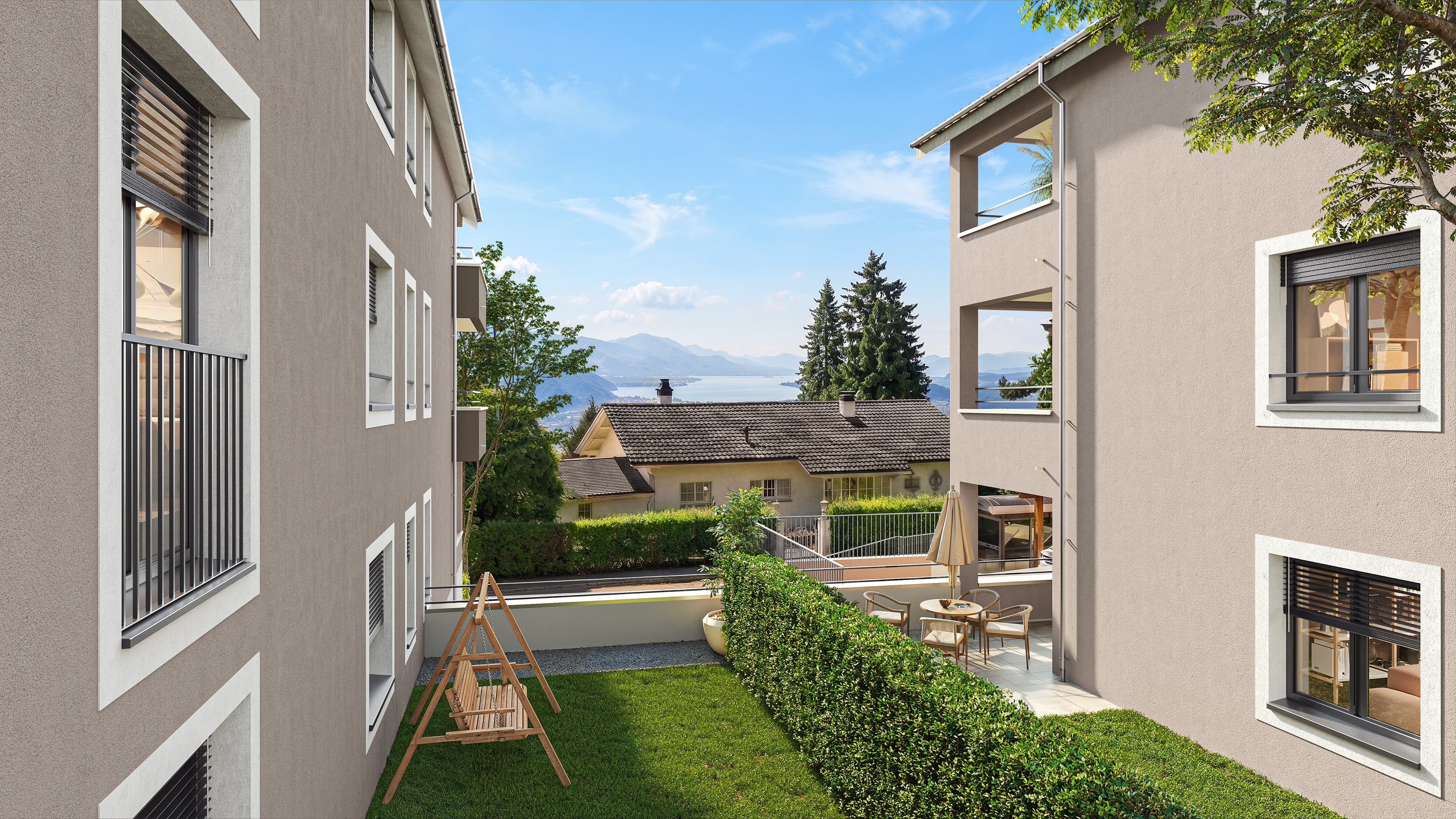 Blick vom Hof zwischen Haus A und Haus B Richtung Obersee