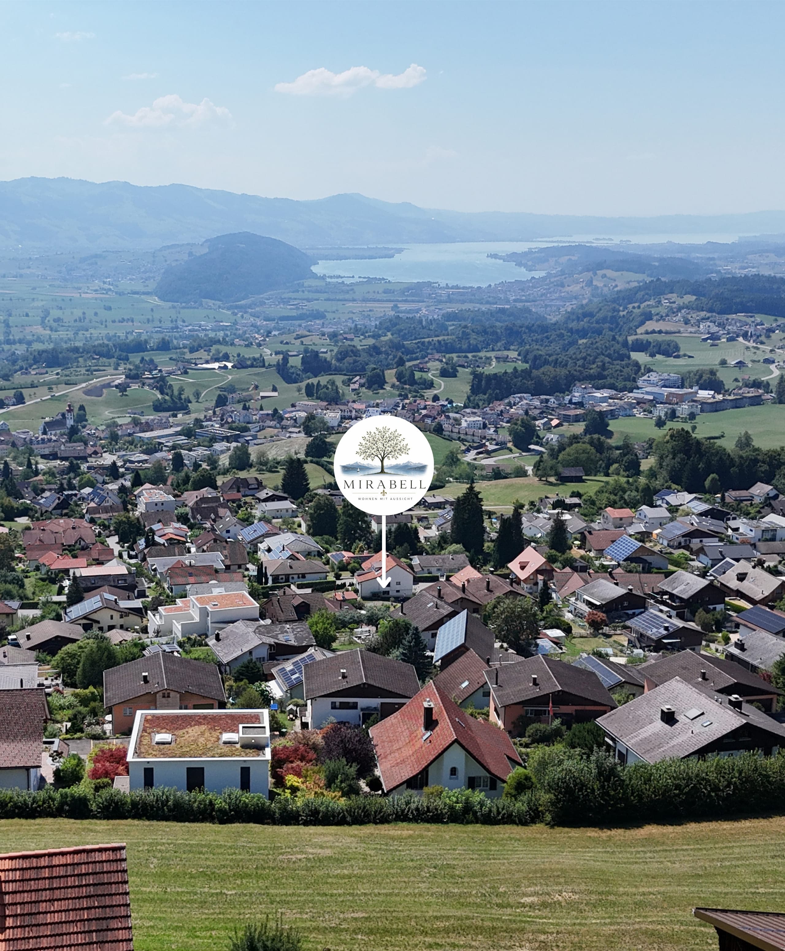 Blick über Uetliburg Richtung Obersee, der Standort von Mirabell ist markiert